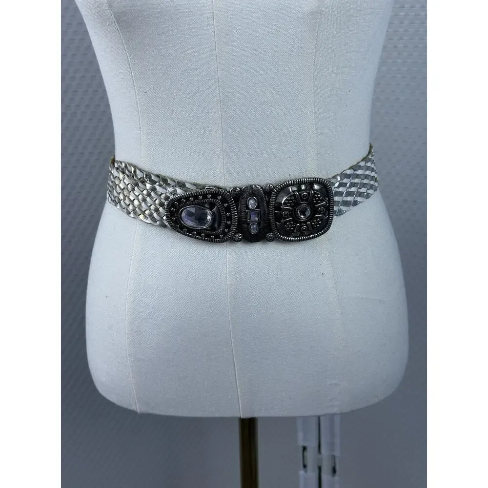 Chicos White Silver Braided Rhinestone Belt Sz M 1.5”W